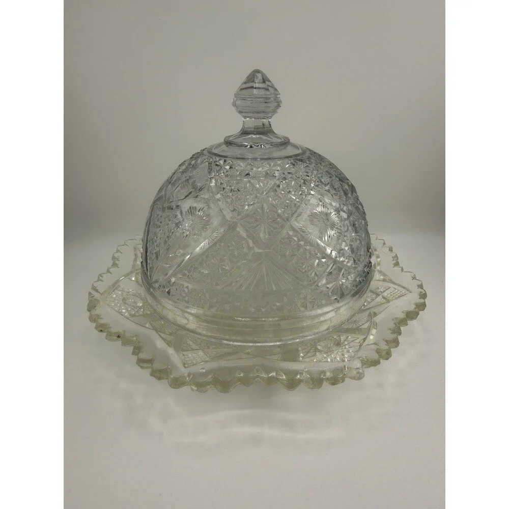 2 Piece Vintage American Brilliant Cut Glass Butter Dish with a Domed Lid